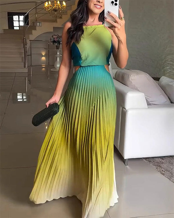 Clidress Pleated Backless Gradient Dress