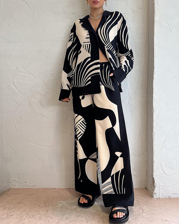 Clidress Classic Black White Print Shirt Pants 2 Piece Set