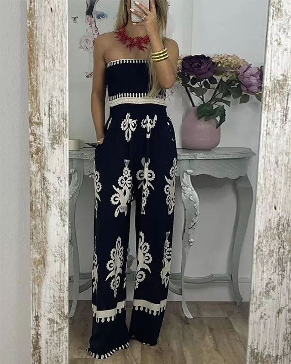 Clidress Tube Strapless Totem Printed Wide Leg Jumpsuit