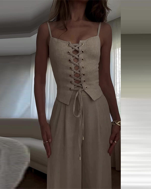 Clidress Slip Tie Crop Top & Wide Leg Pants Set
