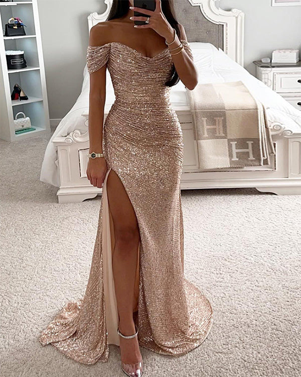 Clidress V Neck Sequins Slit  Maxi Party Dress