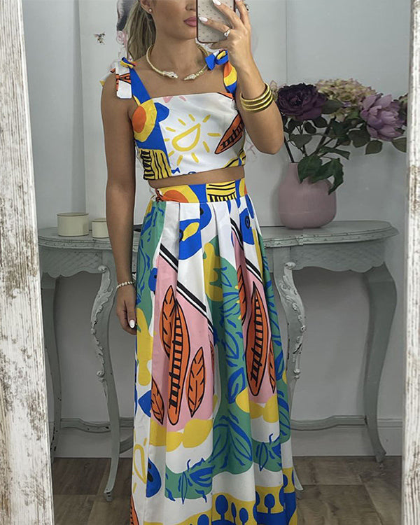 Clidress Graffiti Printed Tie Shoulder Top & Pleated Skirt Set