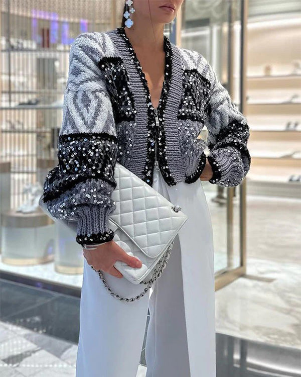 Clidress Zip Up Sequin Short Sweater Jacket