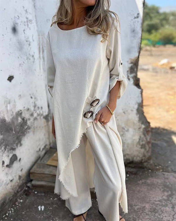 Clidress Cotton Linen Robe Irregular 2 Pieces Set