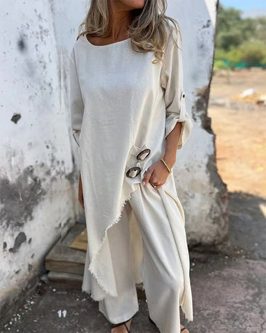 Clidress Cotton Linen Plus Size Irregular 2 Pieces Set