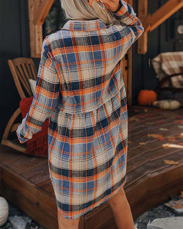 Clidress Plaid Button Flannel Babydoll Long Shirt