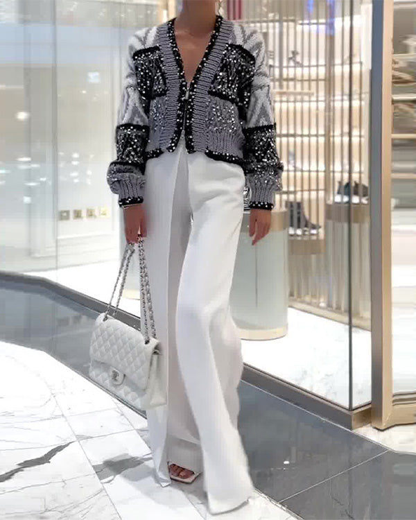 Clidress Zip Up Sequin Short Sweater Jacket