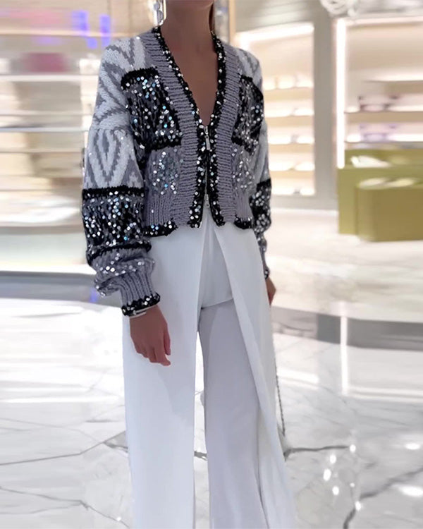Clidress Zip Up Sequin Short Sweater Jacket
