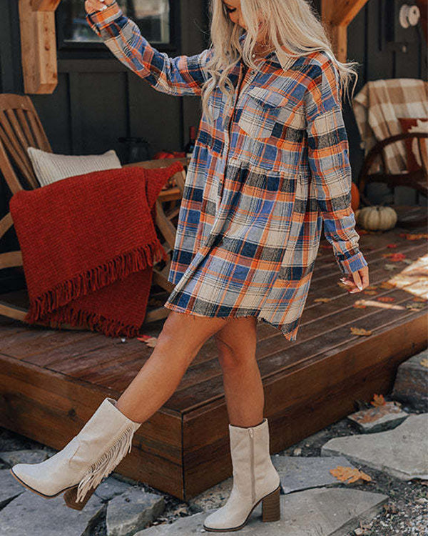Clidress Plaid Button Flannel Babydoll Long Shirt