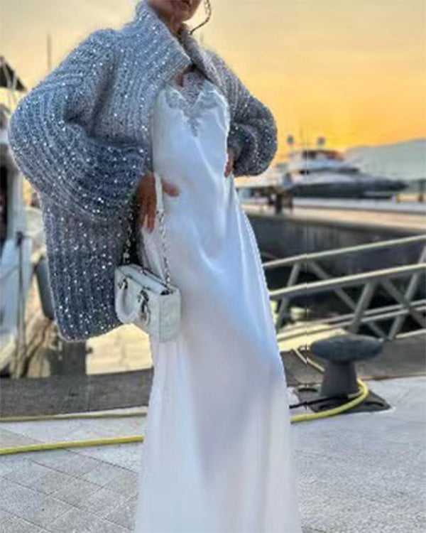 Clidress Sequined Knitting Jacket Sweater