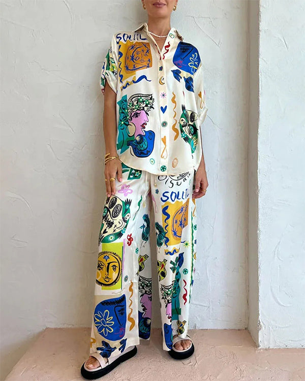 Clidress Artistic Graffiti Print Shirt Pants 2 Piece Set