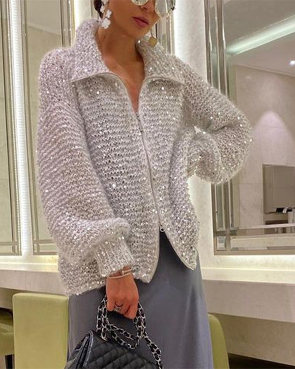 Clidress Sequined Knitting Jacket Sweater