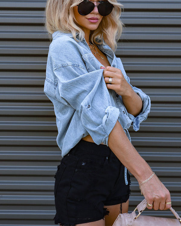Clidress Drawstring Cropped Denim Shirt