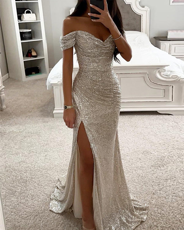 Clidress V Neck Sequins Slit  Maxi Party Dress