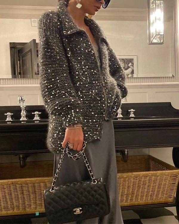 Clidress Sequined Knitting Jacket Sweater