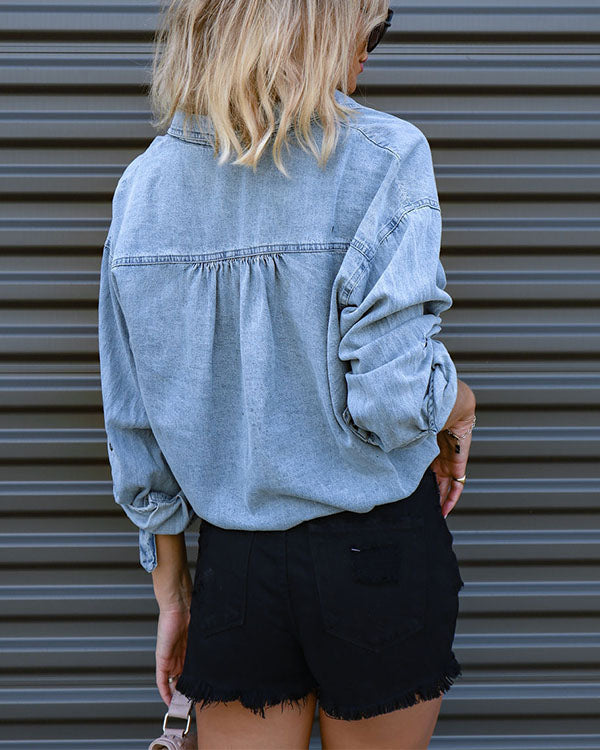 Clidress Drawstring Cropped Denim Shirt