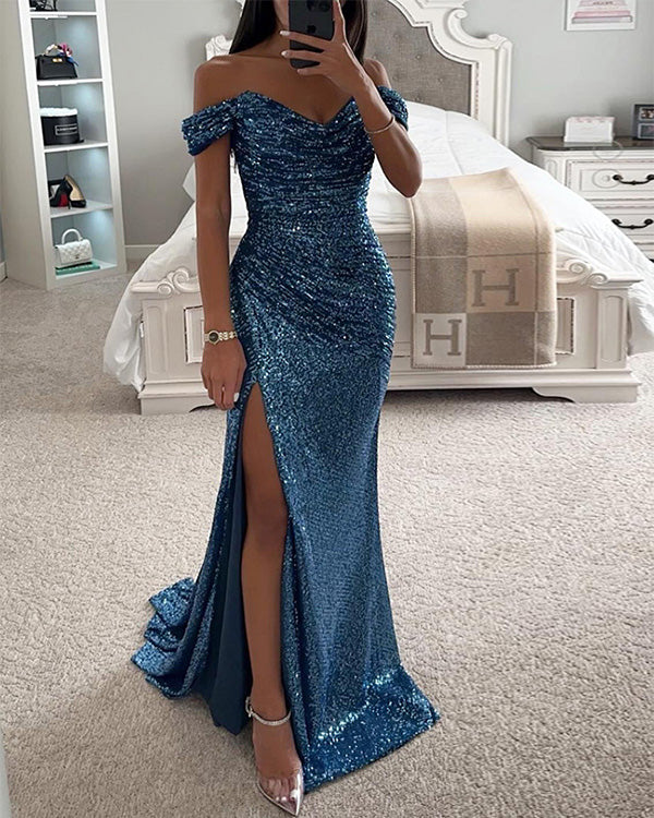 Clidress V Neck Sequins Slit  Maxi Party Dress