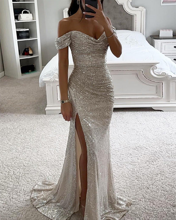 Clidress V Neck Sequins Slit  Maxi Party Dress