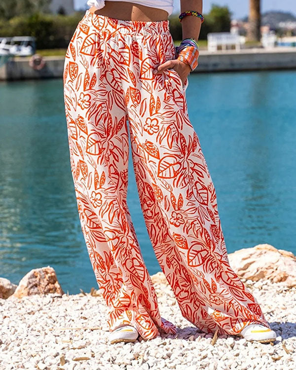 Clidress Leave Printed Wide Leg Pants