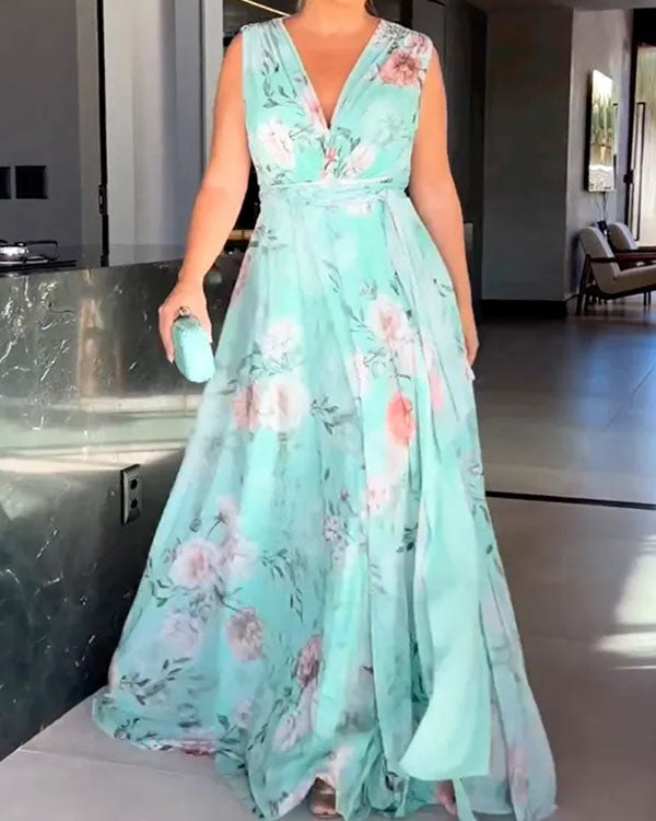 Clidress Floral Printed Chiffon Maix Dress