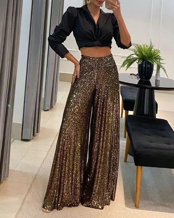 Clidress Sequin Wide Leg Skirt Pants