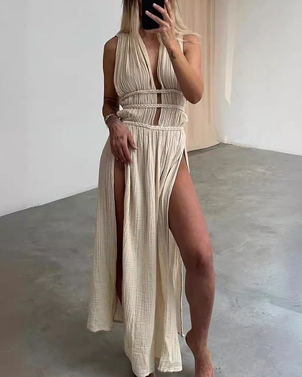 Clidress Boho Cotton High Split Maxi Dress