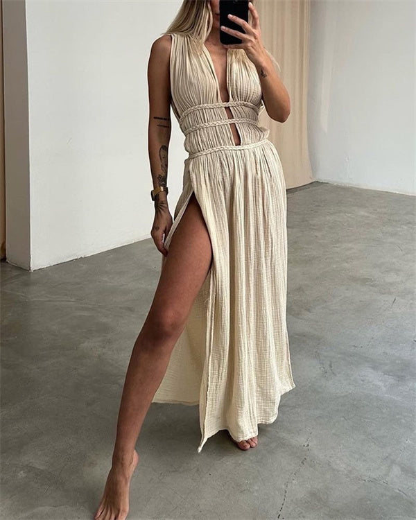 Clidress Boho Cotton High Split Maxi Dress