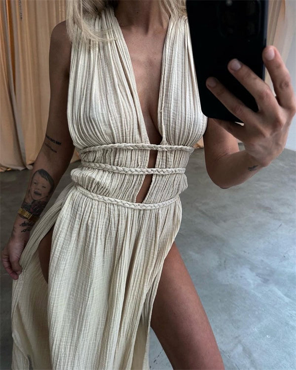 Clidress Boho Cotton High Split Maxi Dress