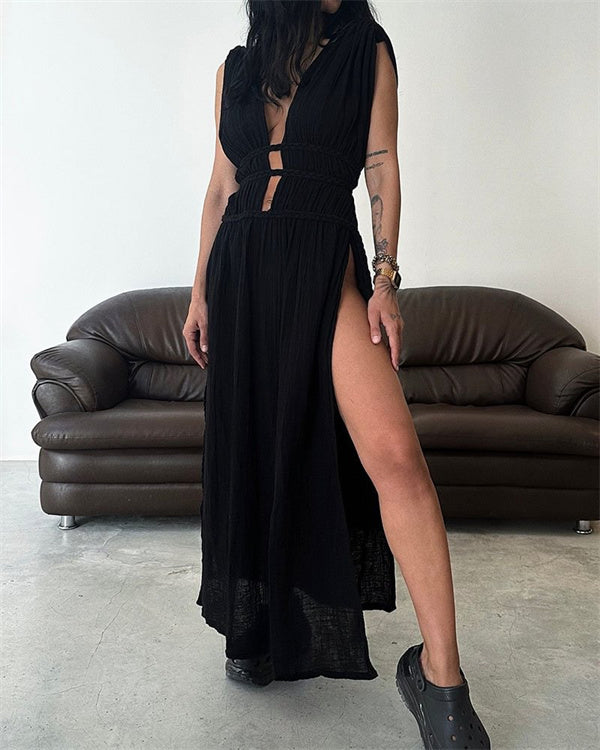 Clidress Boho Cotton High Split Maxi Dress