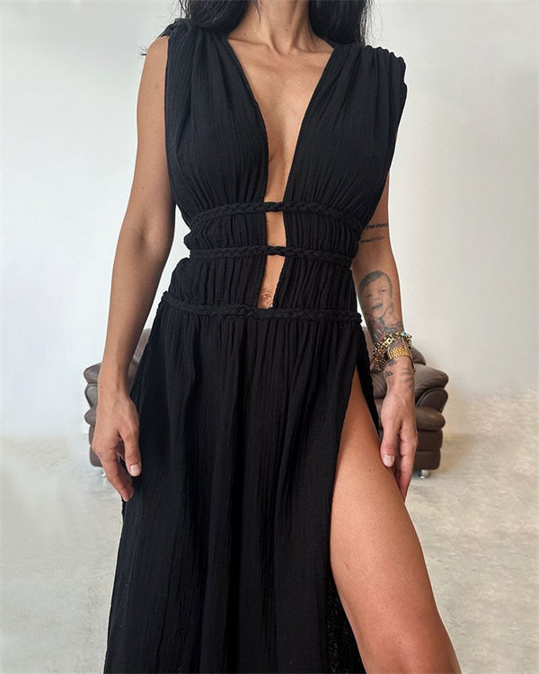 Clidress Boho Cotton High Split Maxi Dress