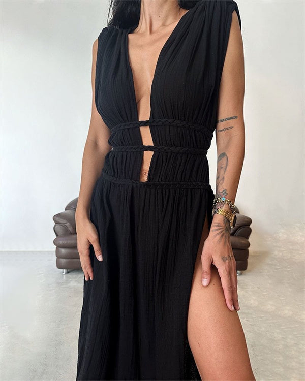 Clidress Boho Cotton High Split Maxi Dress