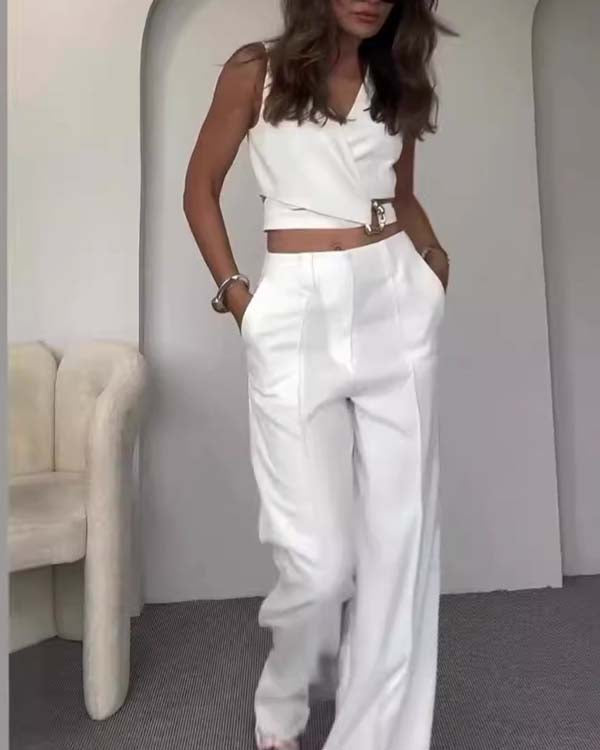Clidress Wrap Crop Top & Wide Leg Pants Set