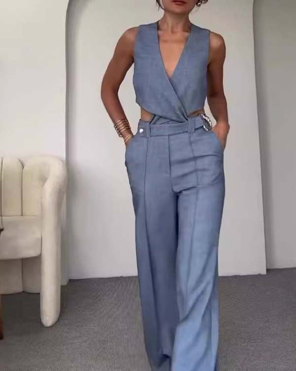 Clidress Wrap Crop Top & Wide Leg Pants Set