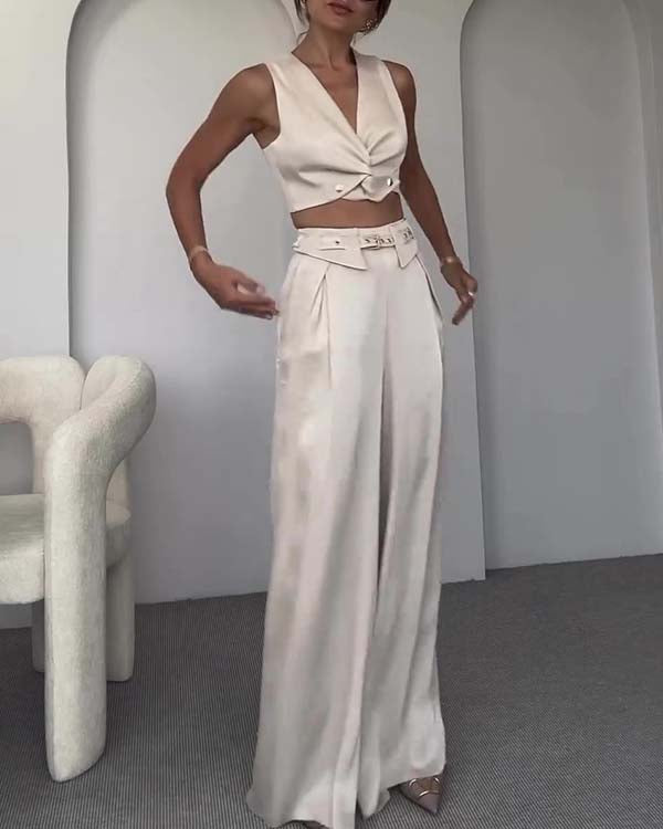 Clidress V Neck Crop Top & Wide Leg Pants Set