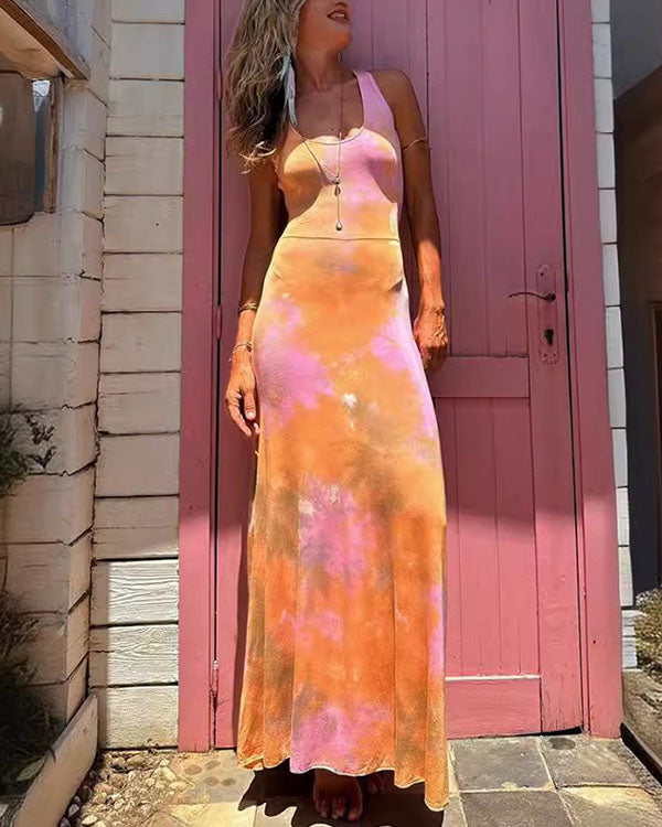 Clidress Backless Tie Dye Boho Maxi Dress