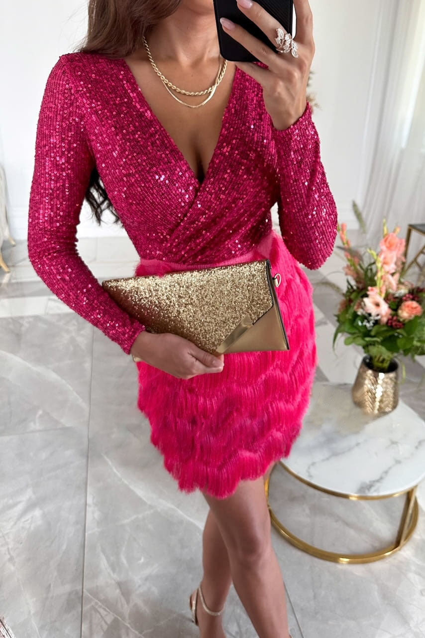 Clidress V Neck Sequins Tassels Mini Party Dress