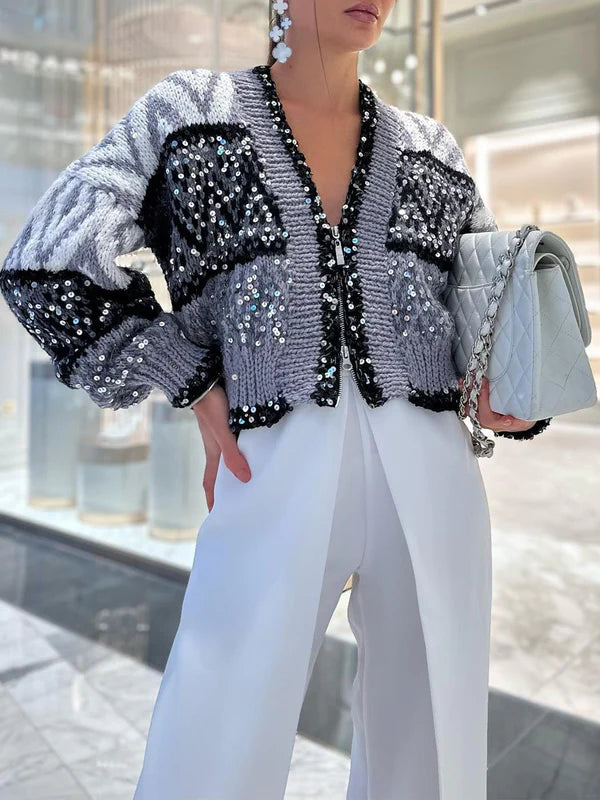 Clidress Zip Up Sequin Short Sweater Jacket