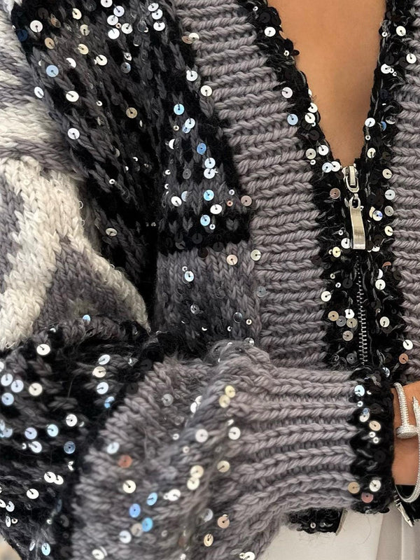 Clidress Zip Up Sequin Short Sweater Jacket