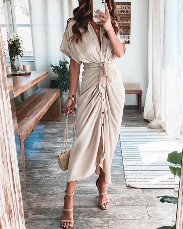 Clidress Shirt Collar Wrap Satin Button Down Dress