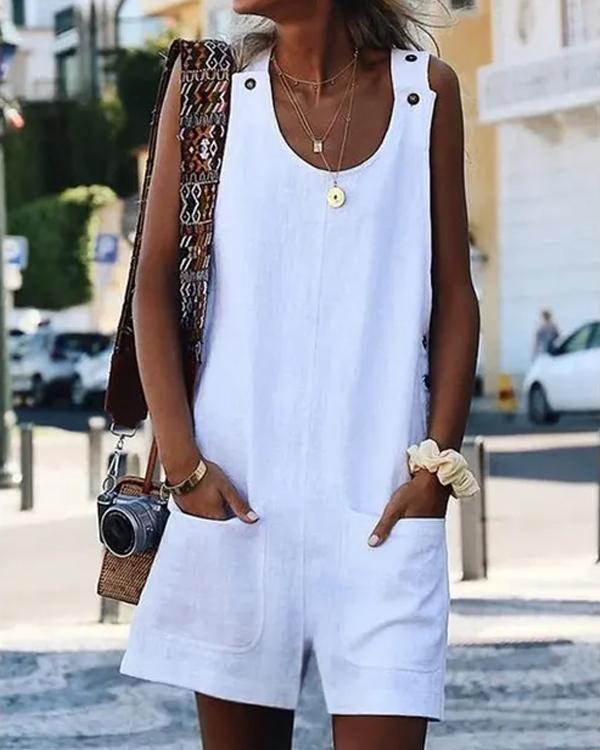 Clidress Button Strap Cotton Linen Romper