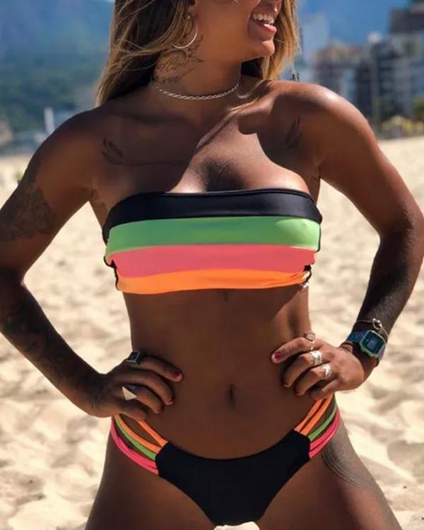 Clidress Neon Rainbow Stripes Two Piece Bikini Set