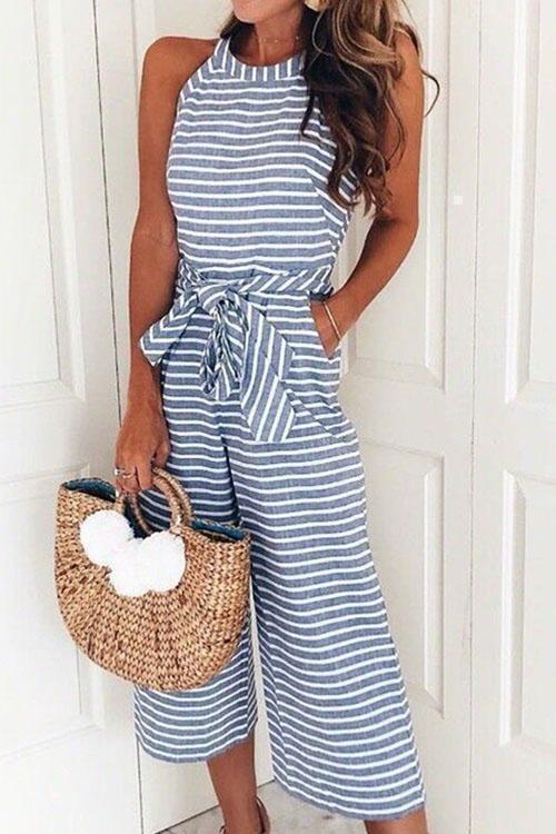 Clidress Striped Wide Leg Knot Jumpsuit