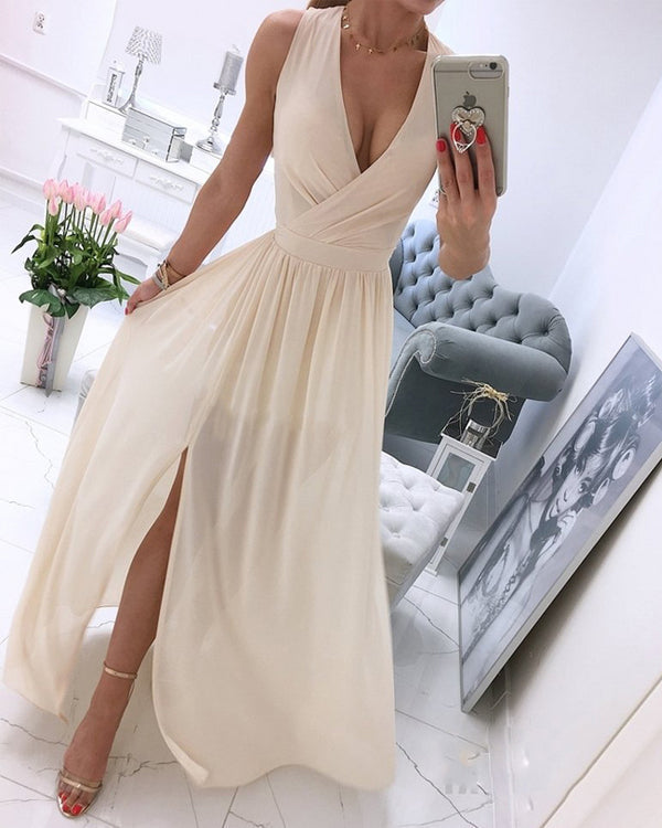 Clidress Boho V Neck Chiffon Maxi Dress