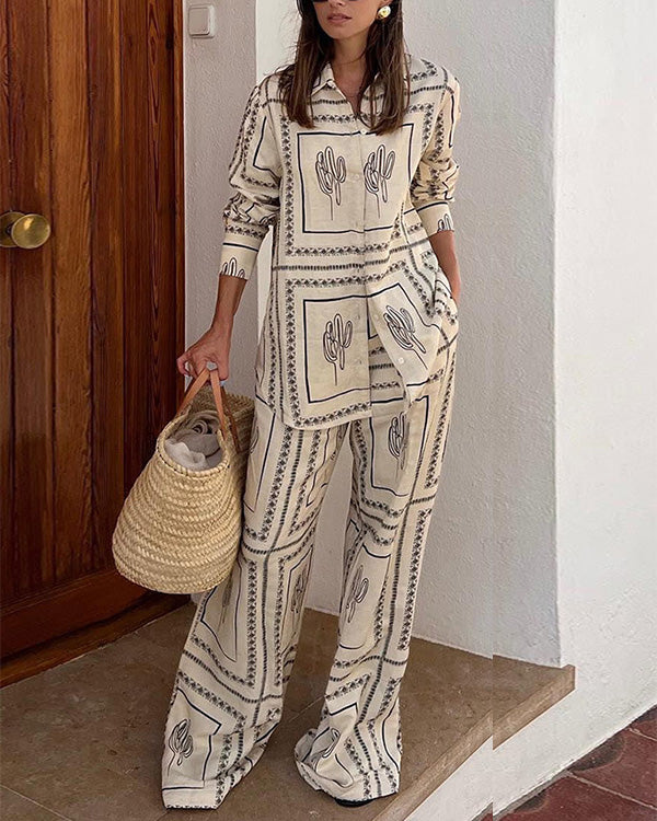 Clidress Simple Print Shirt Pants 2 Piece Set
