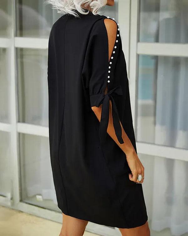 Clidress Pearl Split Bow Sleeve  Mini Dress