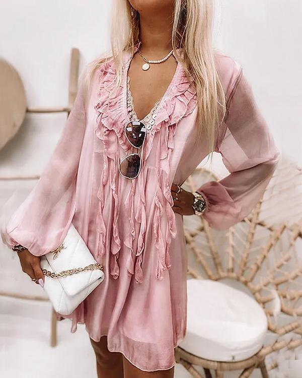 Clidress Ruffle Silk Tassel V Neck Chiffon Dress