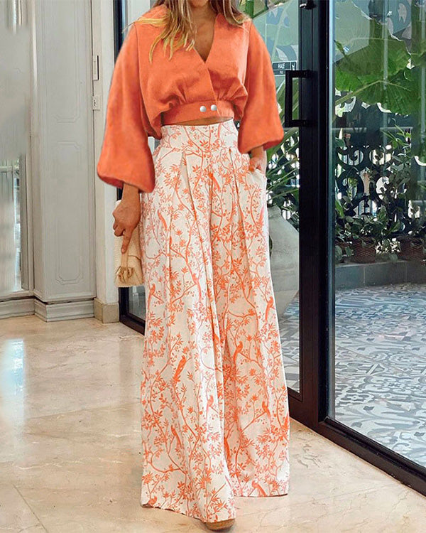 Clidress Short Tops and Printed Wide Leg Pants 2 Pieces Set