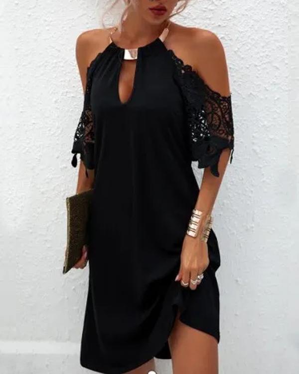 Clidress Metal Necklace Lace Sleeve Dress