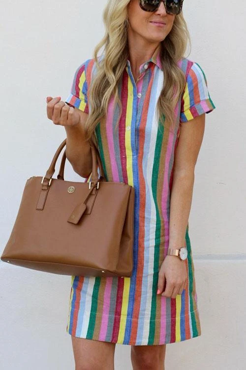 Clidress Rainbow Striped Long Shirt Dress