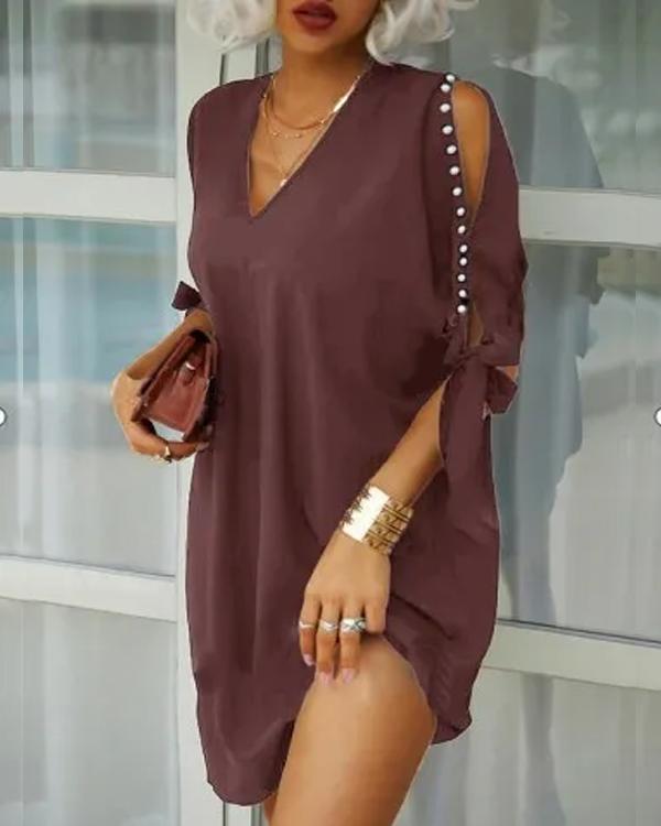 Clidress Pearl Split Bow Sleeve  Mini Dress